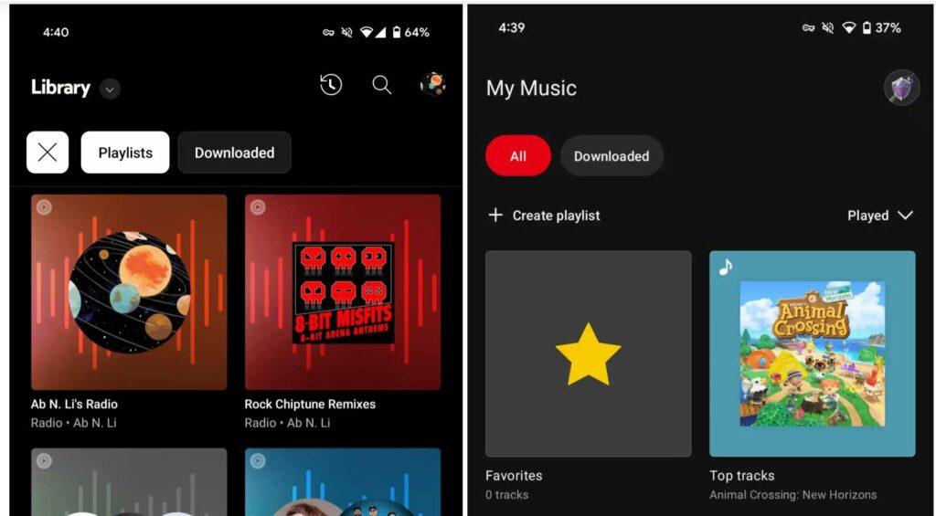 La bibliotheque Nintendo Music et YouTube Music