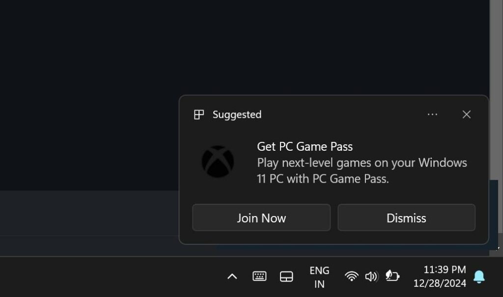 Publicités Pop-Up de Xbox PC Game Pass sur Windows 11