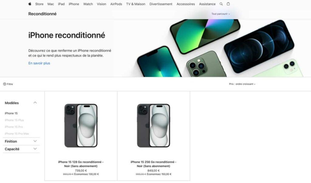 Apple revend des iPhone 15 reconditionnés en France